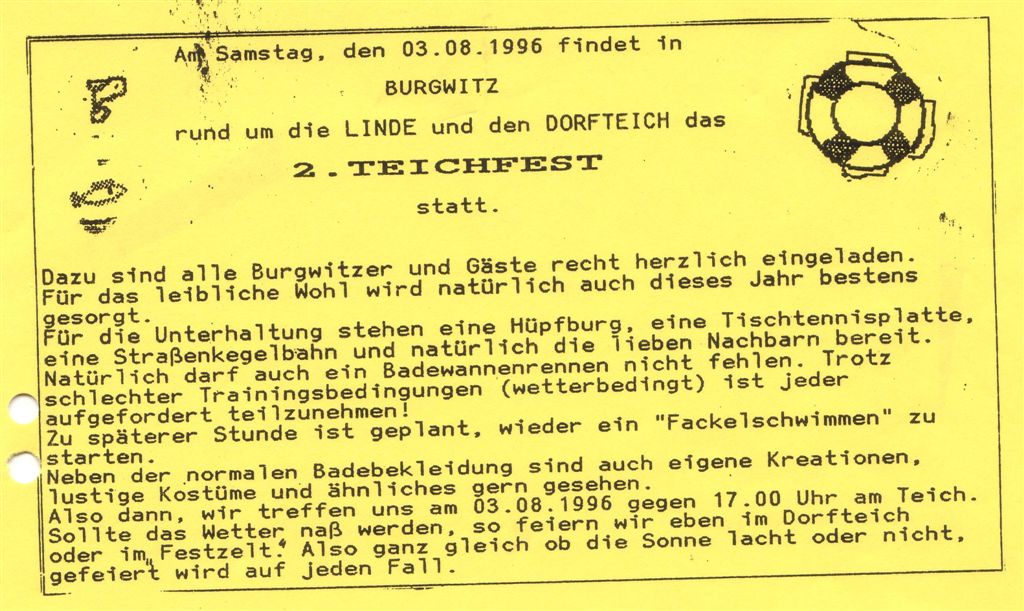 Der offizielle Aushang mit der Einladung zum 2. Burgwitzer Teichfest.